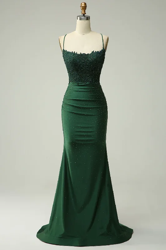 Animal Print DressMermaid Halter Dark Green Long Prom Dress with Appliques Beading Y1858