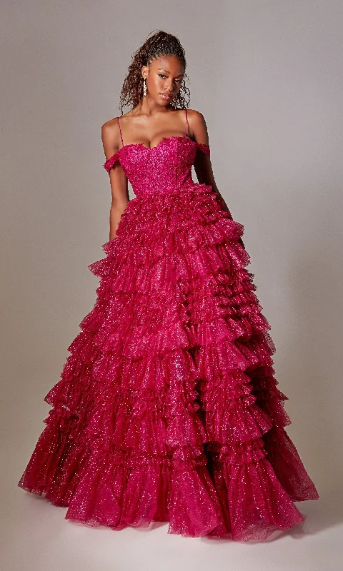 women's unique dressesRaspberry Pink Long Glitter Prom Dress with Ruffles