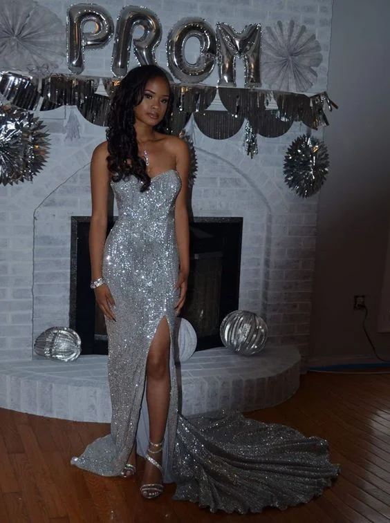 Flowy DressMermaid Sweetheart Sweep Train Silver Sequined Prom Dress with Split Y1371 Flowy DressMermaid Sweetheart Sweep Train Silver Sequined Prom Dress with Split Y1371