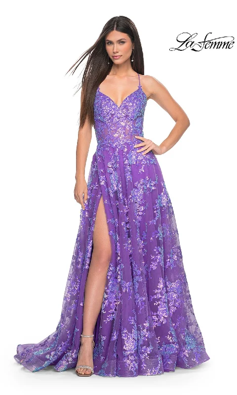 Chic DressLa Femme Sequin-Lace Long Purple Prom Dress 32291