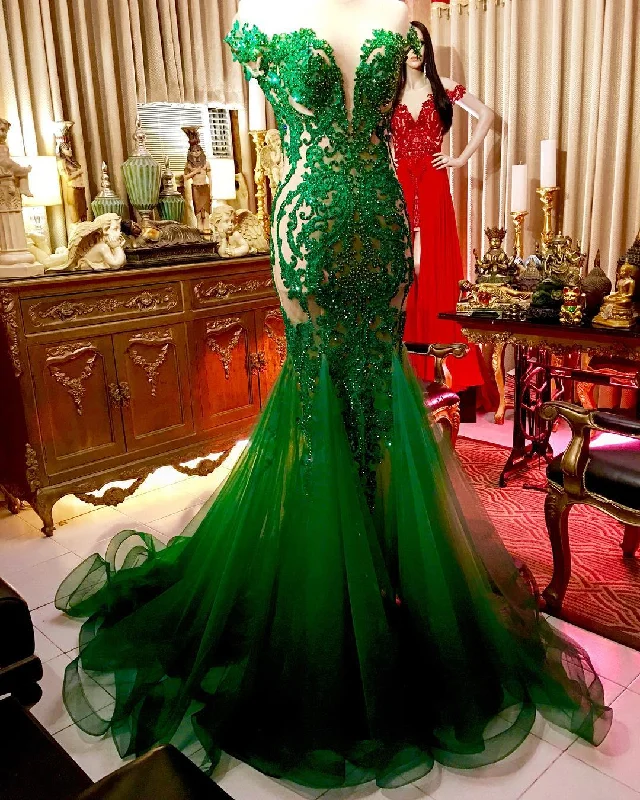 women's satin dressesIllusion Back Green Mermaid Prom Dress with Beading Y1361