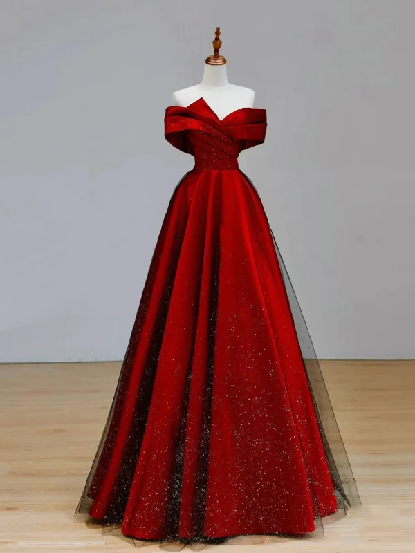 Vintage DressA-Line Tulle Burgundy Long Prom Dress, Burgundy Formal Dresses Y1850