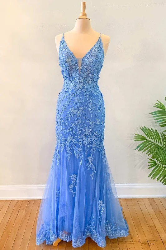 women's beach dressesBlue Floral Appliques Backless Mermaid Long Prom Dress Y1889