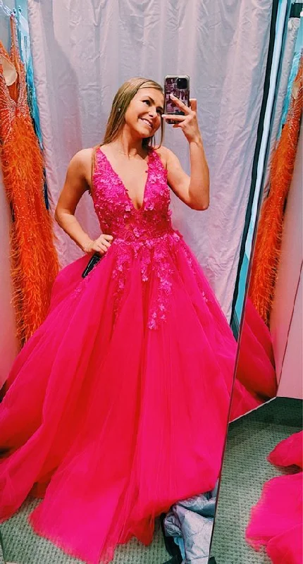 Neon DressA-line V Neck Tulle Prom Dress,Hot Pink Graduation Dress Y1865