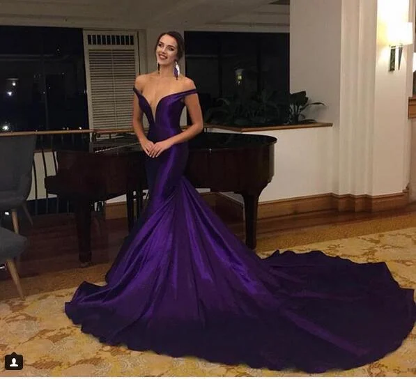 women's evening dressesPurple Mermaid Prom Dresses Off the Shoulder Satin Evening Formal Gowns Chapel Train Y1842