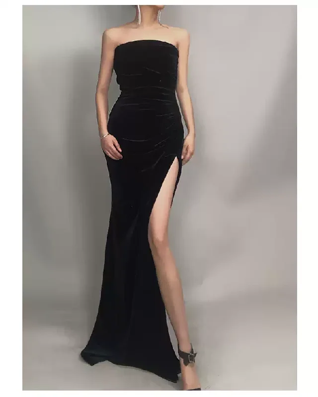 Fit-And-Flare DressElegant Strapless Black Velvet Prom Dress With Slit,Gala Dress Y1412 Fit-And-Flare DressElegant Strapless Black Velvet Prom Dress With Slit,Gala Dress Y1412