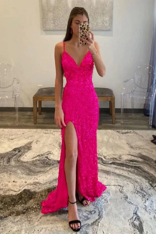 Halter DressHot Pink Sequins Glitter Prom Dress with Slit Y1861