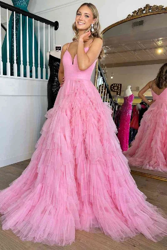 Shift DressPrincess Pink Strappy Frill-Layered A-Line Long Prom Dress Y1873
