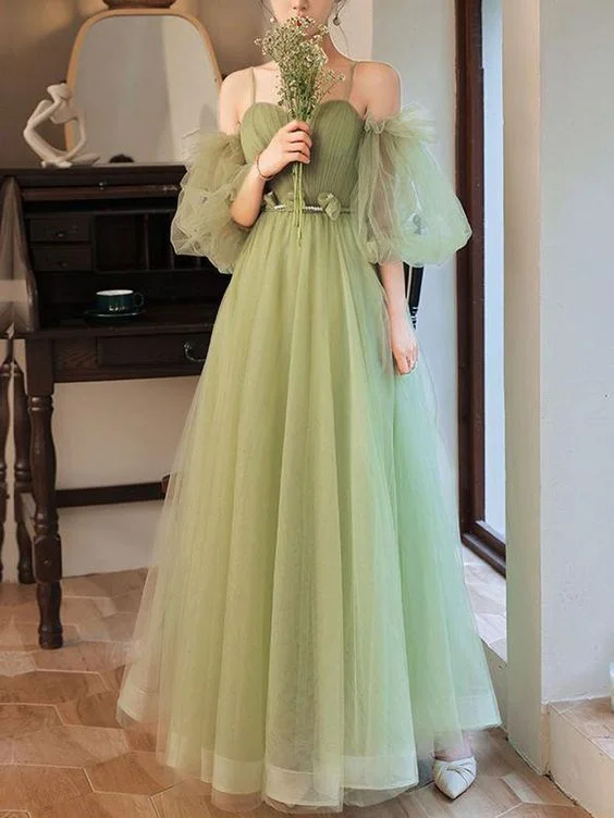 Tiered DressSimple A line Green Long Prom Dress, Green Tulle Bridesmaid Dress Y1857