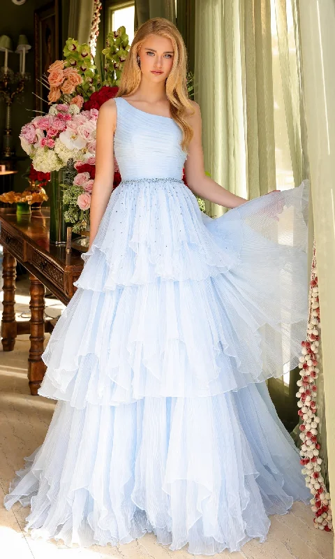 Crepe DressOne-Shoulder Tiered Prom Gown: Ava Presley 29131