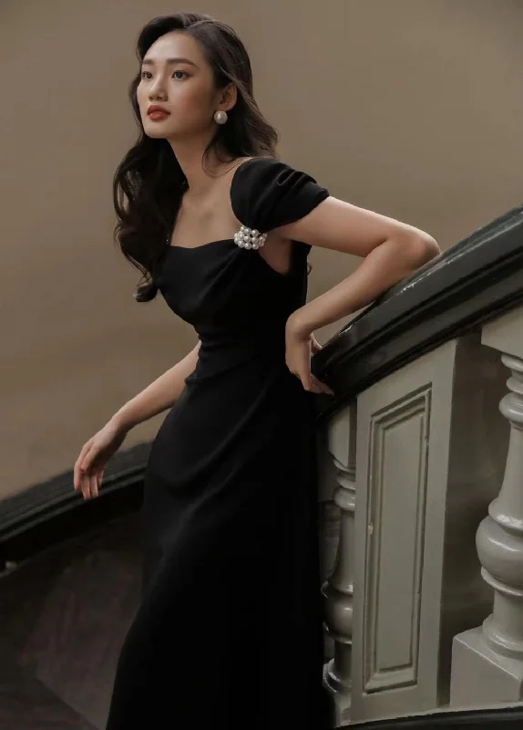 women's silk dressesBlack, pearl button-down, elegant half-sleeve prom dress, vintage dress Y1360