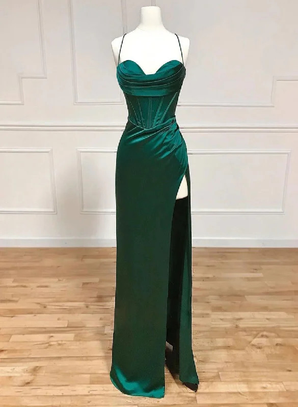 Floral DressGreen Satin Straps Long Prom Dress with Leg Slit, Green Prom Dress Y1867