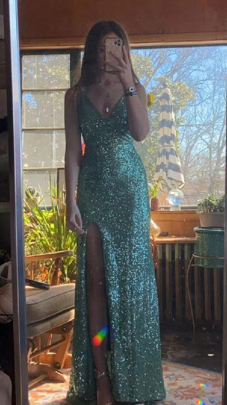 women's empire waist dressesSparkly Mermaid Green Sequin Prom Dress,Graduation Dress Y1364