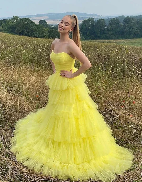 women's high-end dressesYellow Long Sweetheart Tulle Princess Prom Dresses Y1883