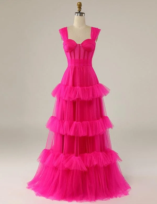 Casual Chic DressHot Pink Sweetheart Multi Layers Tulle Prom Dresses Formal Dresses Y1829