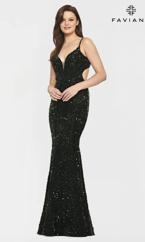 women's wedding guest dressesFaviana Dark Green Long Sequin Prom Dress