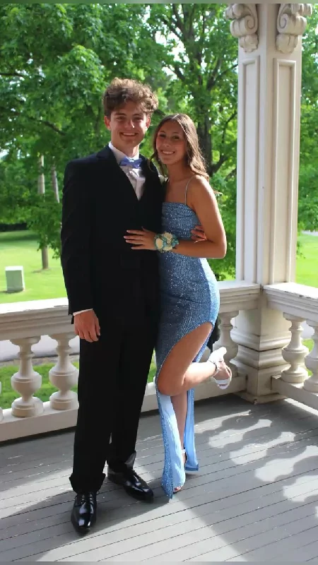 Tiered DressGlitter Blue Sequins Prom Dress,Blue Spaghetti Straps Graduation Dress Y1839