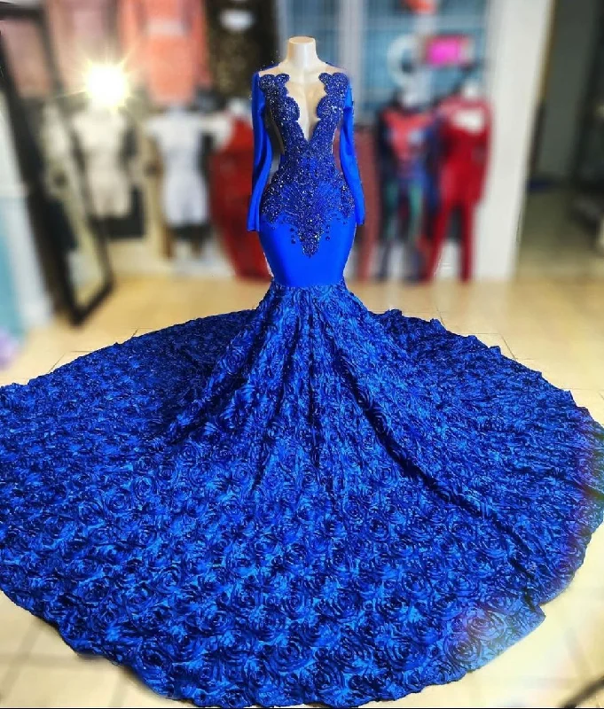 Backless DressRoyal Blue V-Neck Long Sleeve Mermaid Prom Dress Flowers Bottom Y1372 Backless DressRoyal Blue V-Neck Long Sleeve Mermaid Prom Dress Flowers Bottom Y1372
