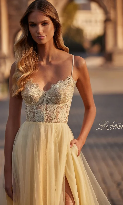 Metallic DressLa Femme Lace-Bodice Long A-Line Prom Dress 32306