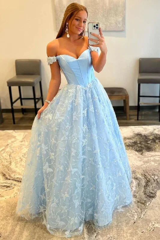 Jersey DressLight Blue Sweetheart Off-the-Shoulder A-line Prom Dress Y1869