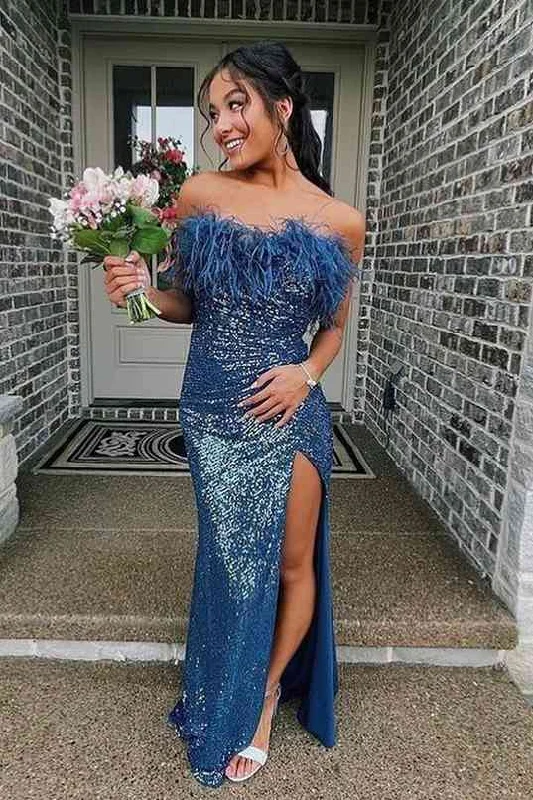 Pearl DressSequins Blue Strapless Feather Long Prom Dress with Slit Y1863