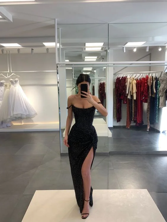 Ruffle DressGenerous Black Sheath Prom Dress With Split, Black Formal Dress Y1844
