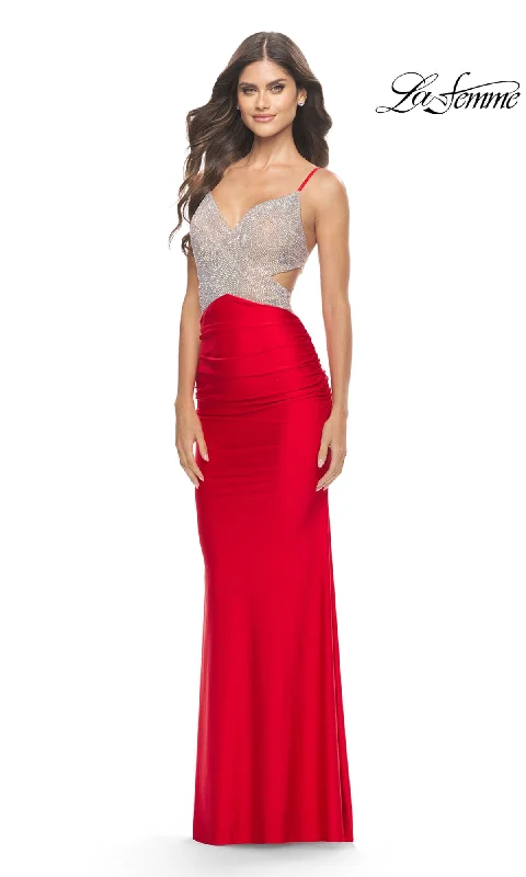 women's striped dressesLa Femme Embellished-Bodice Long Prom Dress