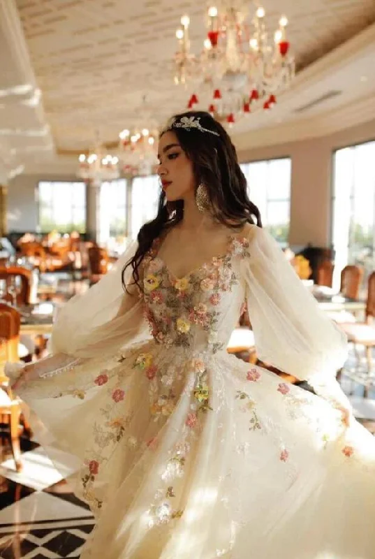 Crepe DressBeautiful Tulle Light Champagne Prom Dress With Flowers Puff Sleeves,Fairy Dress Y1403
