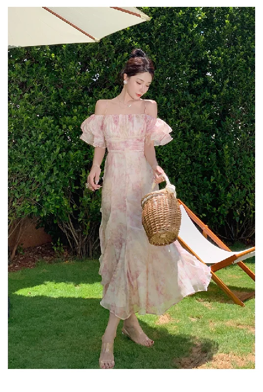 Maternity DressLong Dress Women French Romantic Popular Floral Bubble Sleeve Boat Neck Sling Beach Holiday Summer Dresses,Charming Prom Dress Y1856