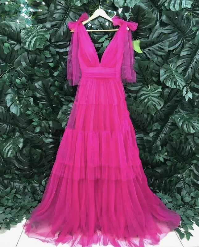women's lightweight dressesCharming A-line Hot Pink Tulle Long Formal Dress,V Neck Prom Dress  Y1882