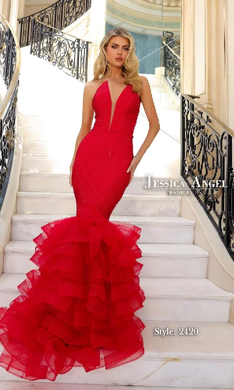 women's business casual dressesLong Ruffle Mermaid Prom Dress: Jessica Angel 2420