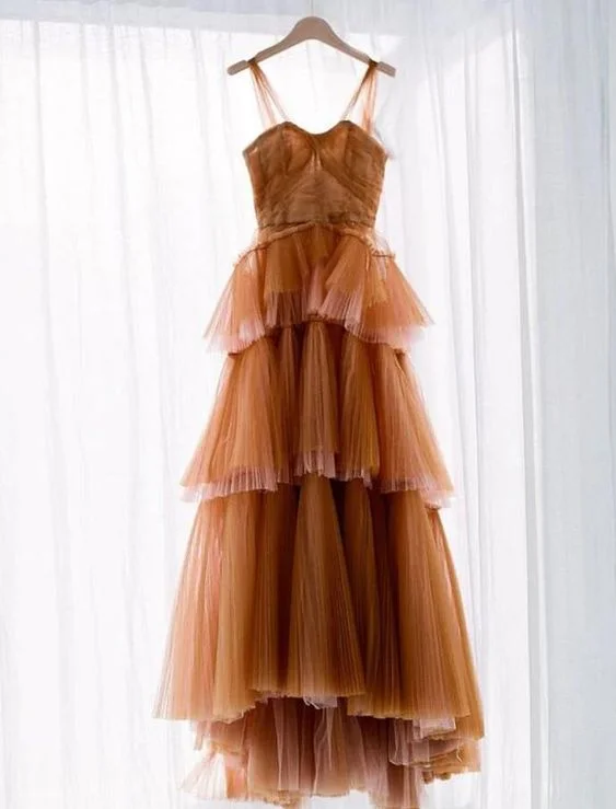 women's checkered dressesA Line Long Brown Tulle Prom Dresses Y1911