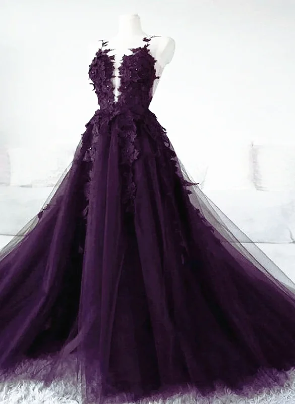 Animal Print DressPurple Tulle With Lace Applique Long Prom Dress Purple Formal Dress Y1866