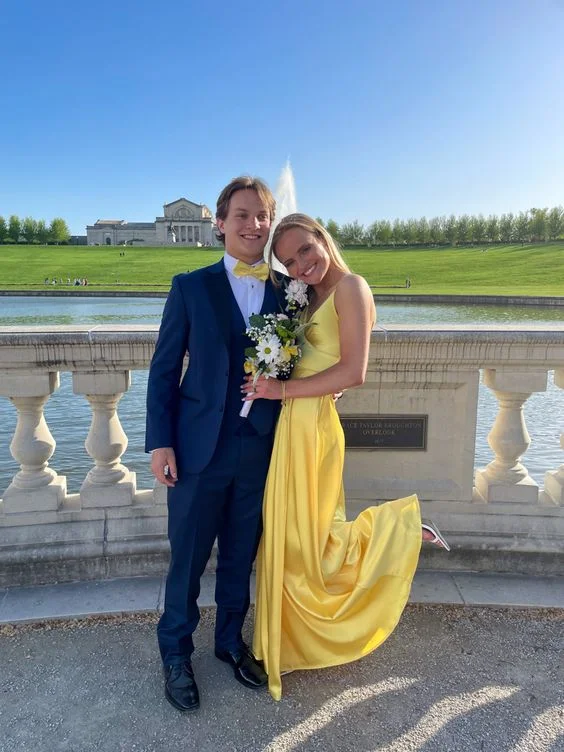 Plunging Neckline DressA-line Yellow Prom Dress,Yellow Sleeveless Graduation Dress Y1842