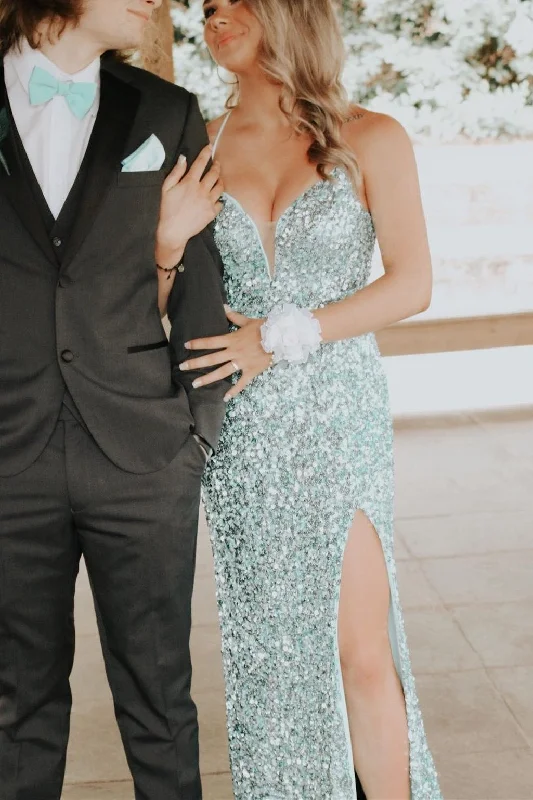 Cheetah Print DressCharming sequin v-neck long prom dress, graduation dress Y1401