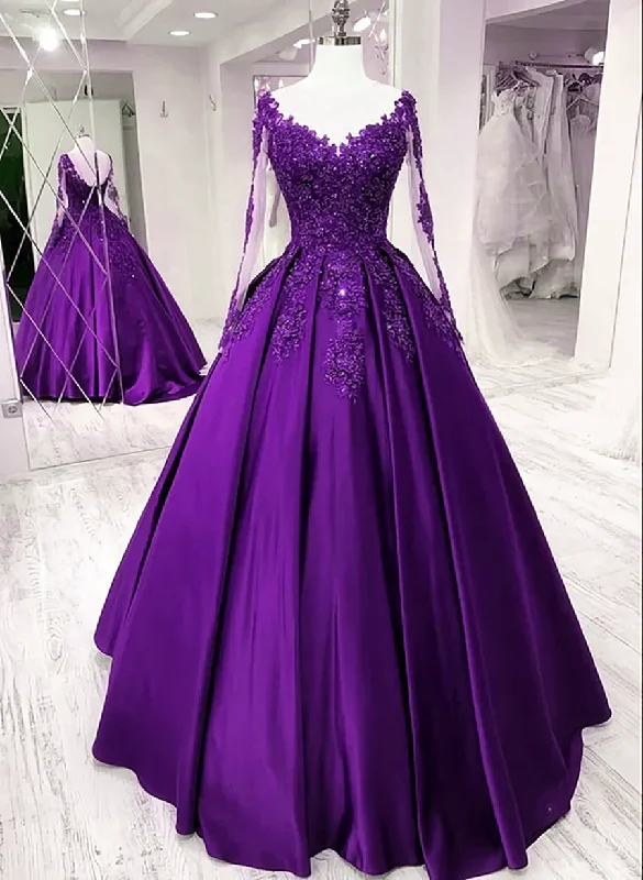 Statement DressPurple Satin Long Sleeves Prom Dress Formal Dress, Lace Applique Sweet 16 Dress Y1843