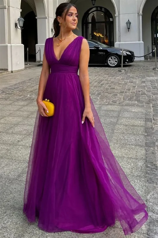 women's ruffle dressesA-line V-neck Strap Sleeveless Floor-length Prom Dress Y1891