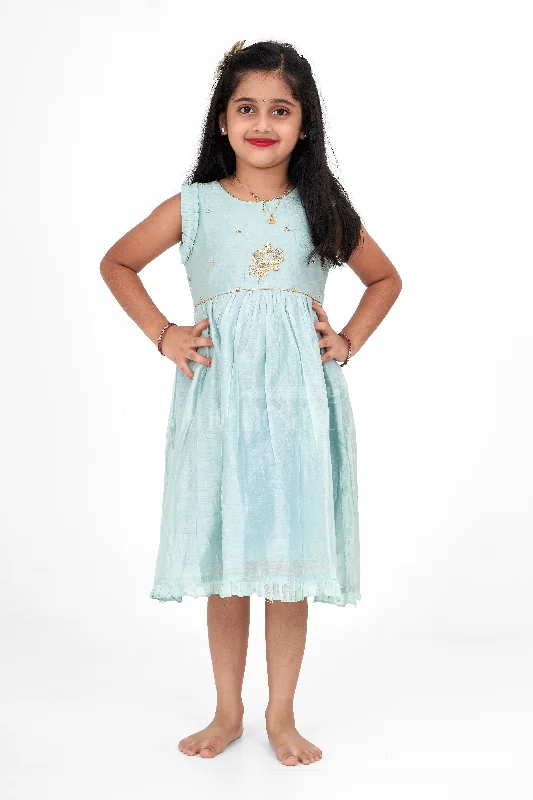 High-Neck DressSea Green Fancy Frock for Girls – Party Wear Sleeveless Dress with Gold Embroidery