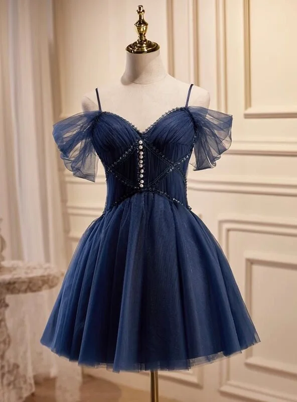 women's stretch dressesNavy Blue Spaghetti Straps Tulle Pleats Homecoming Dress