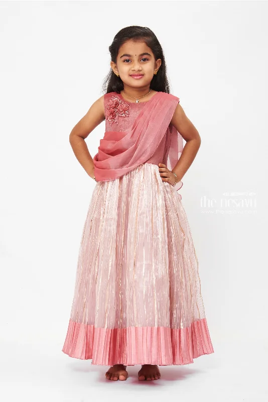 Lace DressRose Gold Shimmer Pleated Evening Gown with Sequin Bodice Detail