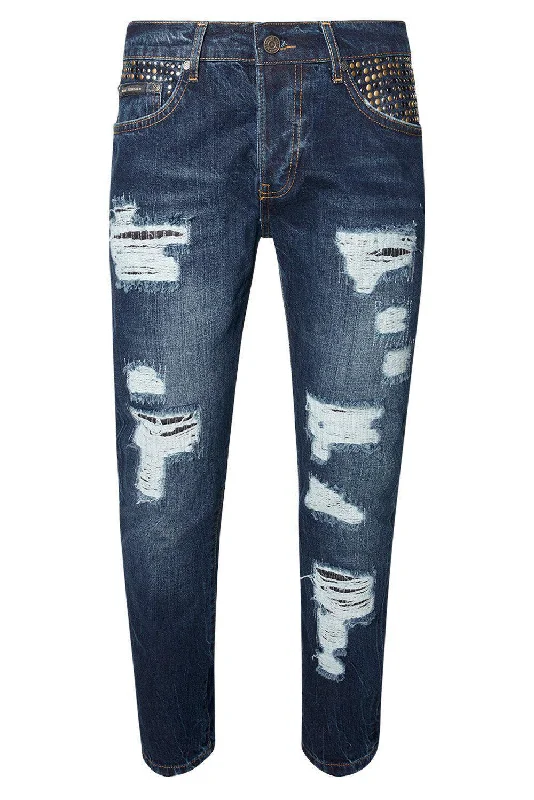 Men's Jeans for SportsEmbellished Slim Straight Navy Jeans