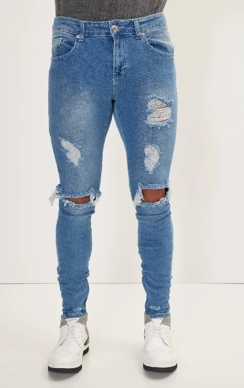 Men's Jeans with EmbroideryThrashed Blue Skinny Fit Jeans