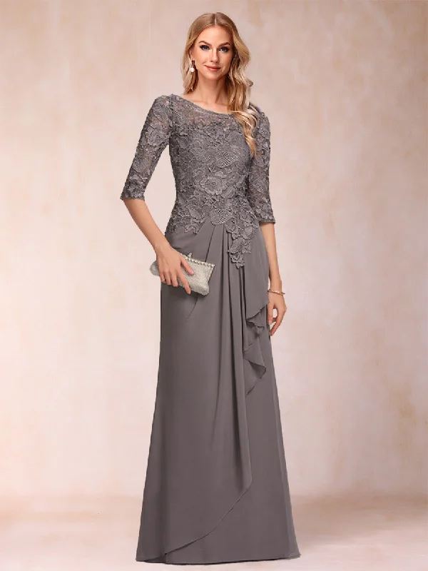 women's glam dressesA-Line/Princess Scoop 3/4 Sleeves Chiffon Mother of the Bride Dresses with Ruffles & Appliques