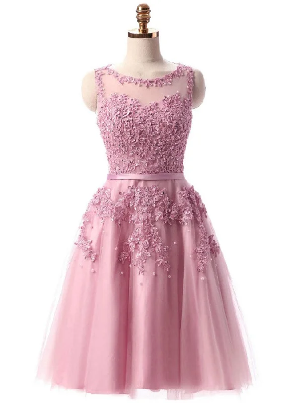 women's affordable dressesPink Lace Short Beaded Homecoming Dress