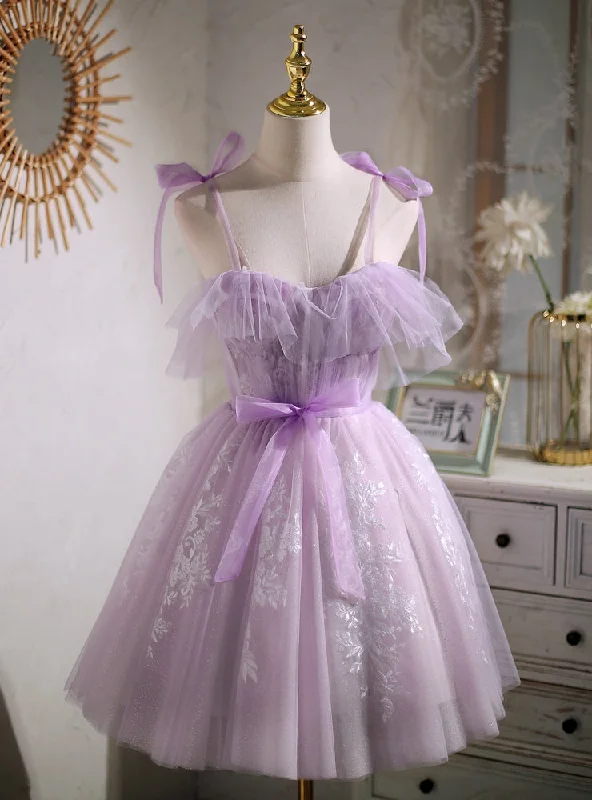 Lace DressPurple Tulle Lace Straps Homecoming Dress