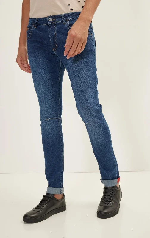Comfortable Men's JeansCuff Detail Inner Red Stripe Denim - Navy