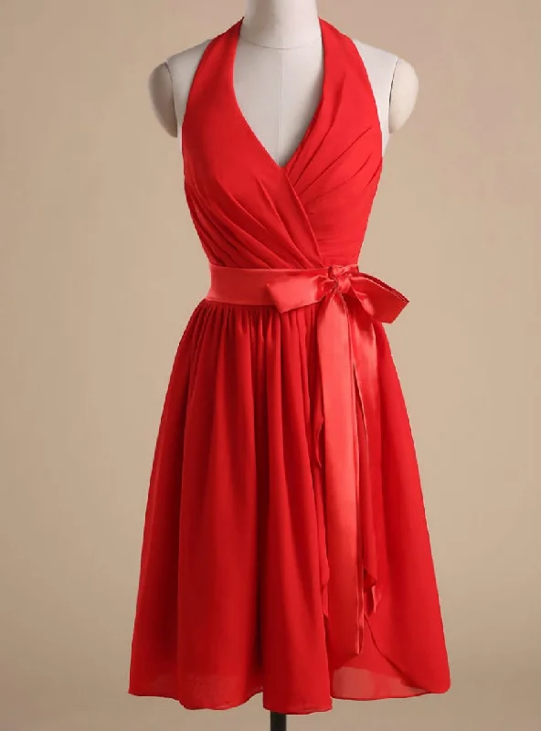 Solid Color DressRed Chiffon Halter Homecoming Dress Cocktail Dresses Bow Accent Waist