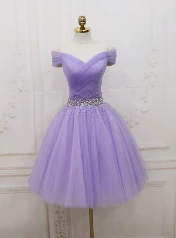 Organza DressPurple Tulle Off the Shoulder Pleats Beading Homecoming Dress