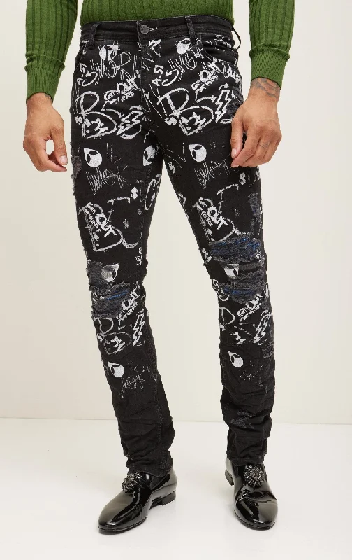 Affordable Designer Men's JeansFitted Scribble Denim - Black