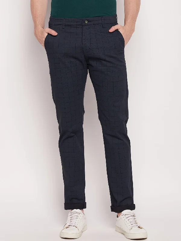 Men's Pants with Side PocketsMen's Casual Flat front Navy Blue Checks Trousers